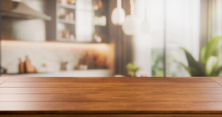 Blurred Kitchen Background with Wooden Table
