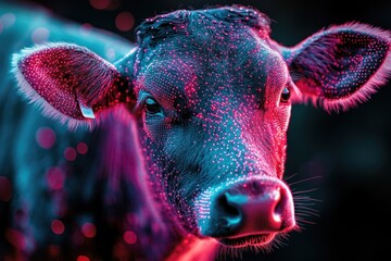 Close-up portrait of a cow with a neon effect, looking directly at the camera.