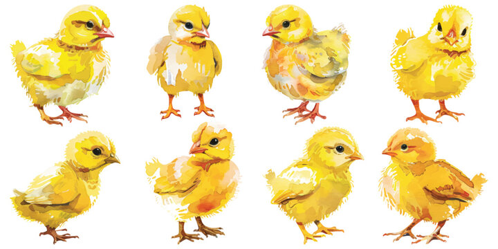 Set watercolor chicks baby chickens hen design resources elements