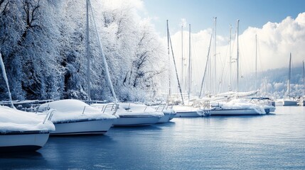 Fototapeta premium A serene winter harbor scene with snow-covered boat and a tranquil waterway.