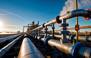 Industrial pipelines and infrastructure at a gas processing facility during sunrise