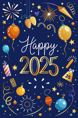 Naklejka premium Generative AI Festive New Year 2025 illustration featuring A fun and colorful illustration celebrating New Year's Eve, cartoon designs with fireworks, colorful sparklers, and joyful emoticons. cheerfu