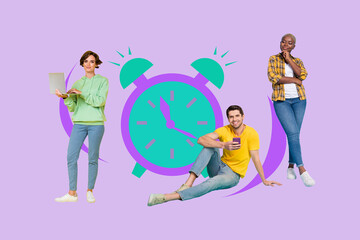 Creative image collage young collective workers deadline clock arrangement hour limit schedule laptop job tick urgency drawing background