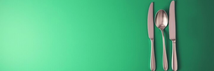 Assorted flatware on a vibrant green background, flatware, kitchen