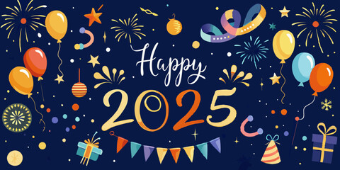 Generative AI Festive New Year 2025 illustration featuring A fun and colorful illustration celebrating New Year's Eve, cartoon designs with fireworks, colorful sparklers, and joyful emoticons. cheerfu