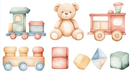 Colorful wooden toys and a teddy bear displayed on a white background, perfect for children's playtime and nursery decoration