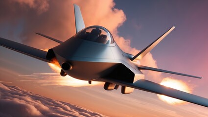 Military jet performs a high-speed maneuver while releasing flares in the evening sky