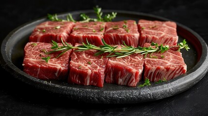 Fresh Raw Beef Cuts with Herbs on Dark Background