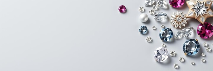 Assorted sparkling jewels on a sleek grey background, grey, luxury