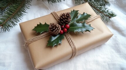 Rustic Christmas gift with brown paper and a natural twine bow, adorned with tiny pinecones and a sprig of holly.