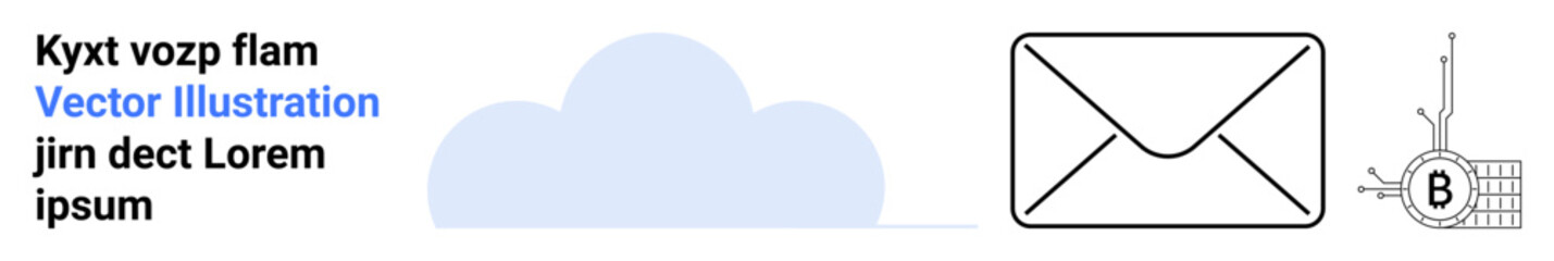 Large cloud backdrop with vector envelope icon and blockchain symbol. Ideal for cloud computing, email services, blockchain technology, data storage, secure communication, fintech, tech startups