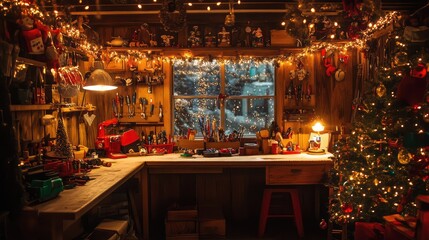 Santa workshop setup with toys, tools, and glittering decorations, all in warm, cozy lighting.