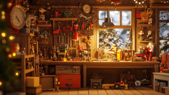 Santa workshop setup with toys, tools, and glittering decorations, all in warm, cozy lighting.