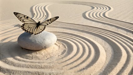 Obraz premium Zen-Inspired Butterfly on Stone in Circled Sand Garden, Meditative Scene, Tranquil Butterfly in Zen Sand Garden, Peaceful Moment