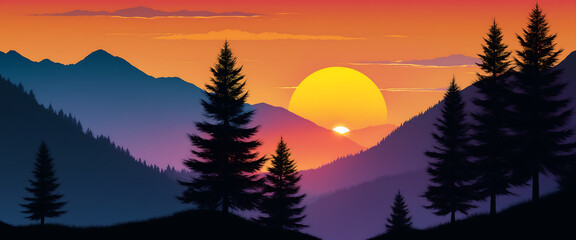 Mountain landscape with silhouettes of trees on zakat