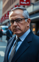 Fototapeta premium Portrait of a confident man in a business suit on the streets of the city.