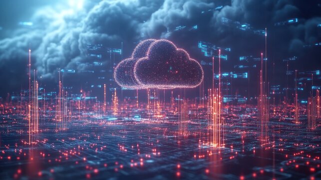 A glowing cloud computing symbol hovers over a digital cityscape, symbolizing the interconnectedness and vast potential of cloud technology.