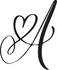 Script capital font logo calligraphy love letter A initial. Hand drawn brush style flourish. Vintage heart monogram. Valentine flourish element. decoration design 