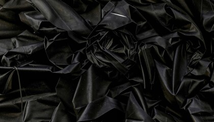 Close-up of crumpled black wrapping paper with intricate folds and creases, creating a textured, abstract pattern with deep shadows.
