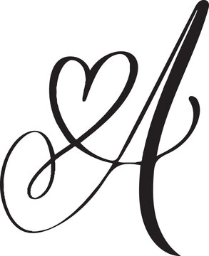Script capital font logo calligraphy love letter A initial. Hand drawn brush style flourish. Vintage heart monogram. Valentine flourish element. decoration design 