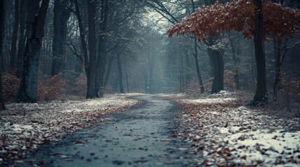 A serene winter path through a foggy forest, lined with bare tree and fallen leaves, leaf.
