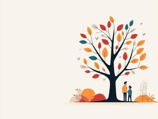 Abstract, illustrated family tree with overlapping shapes and bright colors