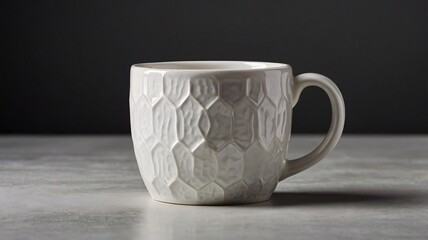 White ceramic mug with textured surface.