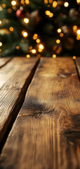 Wooden table surface with warm bokeh lights in background