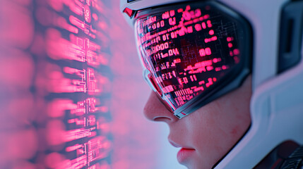 image features futuristic figure wearing helmet with visor displaying vibrant pink digital data. background is filled with binary code, creating high tech atmosphere that evokes sense of advanced tec