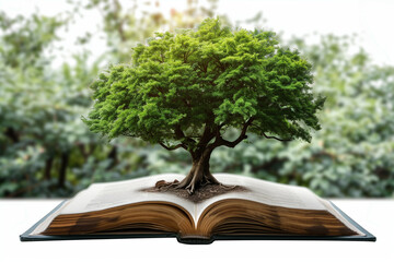 This image depicts a large, lush green tree growing out of an open book on a blurred background, symbolizing growth and knowledge