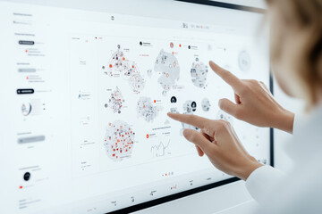 A person interacting with digital interface displaying data visualizations and analytics. screen shows various graphs and charts, highlighting trends and insights