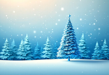 Christmas tree in snow with snowflakes in shades of blue