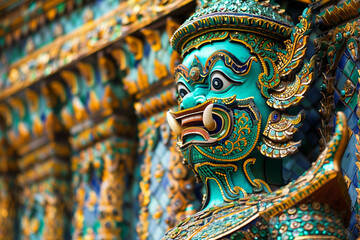 Fototapeta premium Stunning Close-Up View of a Traditional Thai Giant Guardian Statue Decorated in Vibrant Teal and Gold