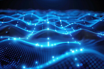 Blue futuristic digital landscape of interconnected nodes and waves illuminated by dynamic light points in a seamless mesh network