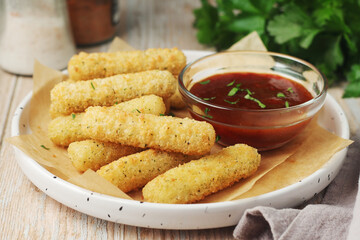 Mozarella sticks with barbeque sauce