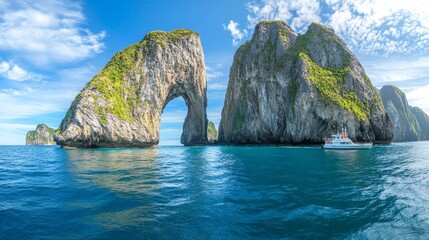 Scenic view of rocky arch formations by the sea with a boat nearby under a clear blue sky.