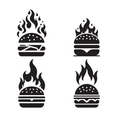Burger On Fire Icon Set Vector Illustration