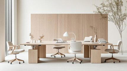 Fototapeta premium A modern office interior featuring spacious wooden table, stylish chairs, and minimalistic decor. warm tones and natural elements create serene and productive atmosphere