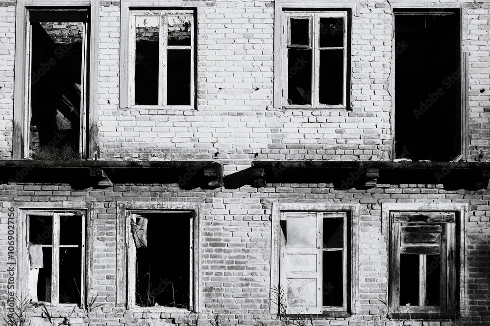 Poster a classic black and white image of an old abandoned building with intricate details.