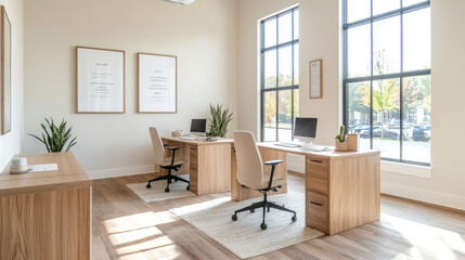 A modern office space featuring two wooden desks, ergonomic chairs, and large windows allowing natural light. minimalist design creates calm and productive atmosphere