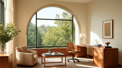 Fototapeta premium A modern office space featuring large arched window with view of lush greenery. room is furnished with comfortable chair, wooden desk, and stylish coffee table, creating serene and productive atmosphe