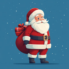 Santa Claus animation style, flat style, carrying a particularly large bag filled with gifts, kind and smiling