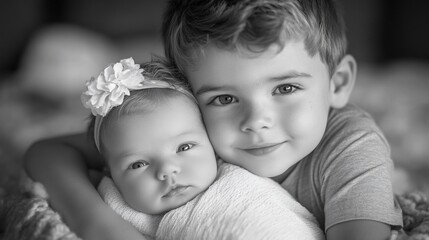 A young boy lovingly embraces his baby sister, creating a heartwarming image of sibling bond.