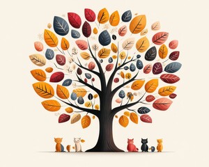 Bright, cartoonstyle family tree with family names on colorful leaves, playful design