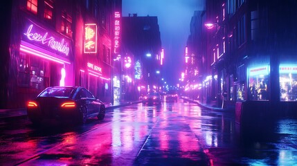 Bustling cyberpunk city street at night with glowing neon image