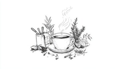 A minimalist black-and-white illustration of a tea cup with steam rising, surrounded by simple outlines of tea leaves and herbs. 