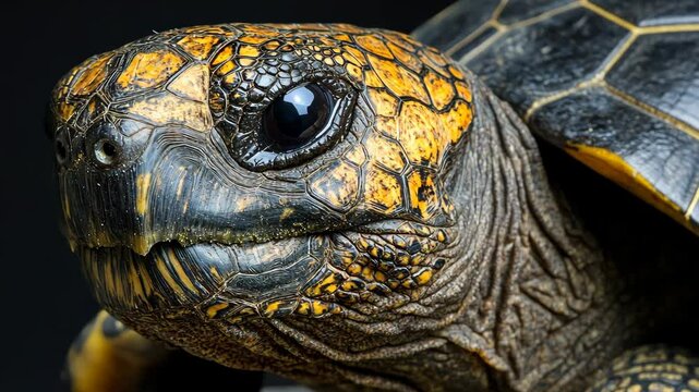 A close-up of a yellow-footed tortoise's head, showing its intricate shell and dark eye