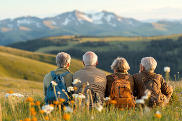 Seniors enjoying peaceful moment in nature, overlooking stunning mountain landscape. scene captures beauty of companionship and tranquility of outdoors