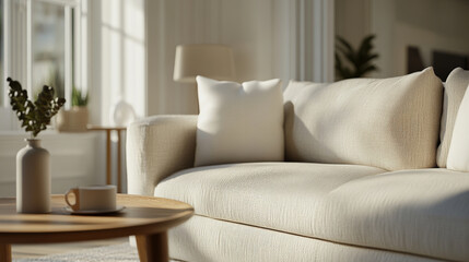 A cozy living room scene featuring light colored sofa with soft cushions, wooden coffee table, and decorative vase. warm sunlight creates serene atmosphere