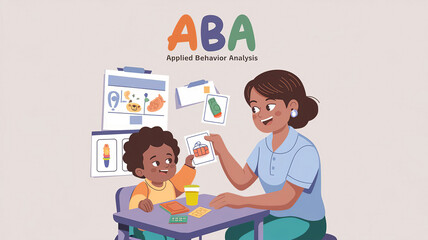 ABA (Applied Behavior Analysis) therapy session. Illustration a child sitting at a table engaging with therapist. The therapist holds up a flashcard, generative ai